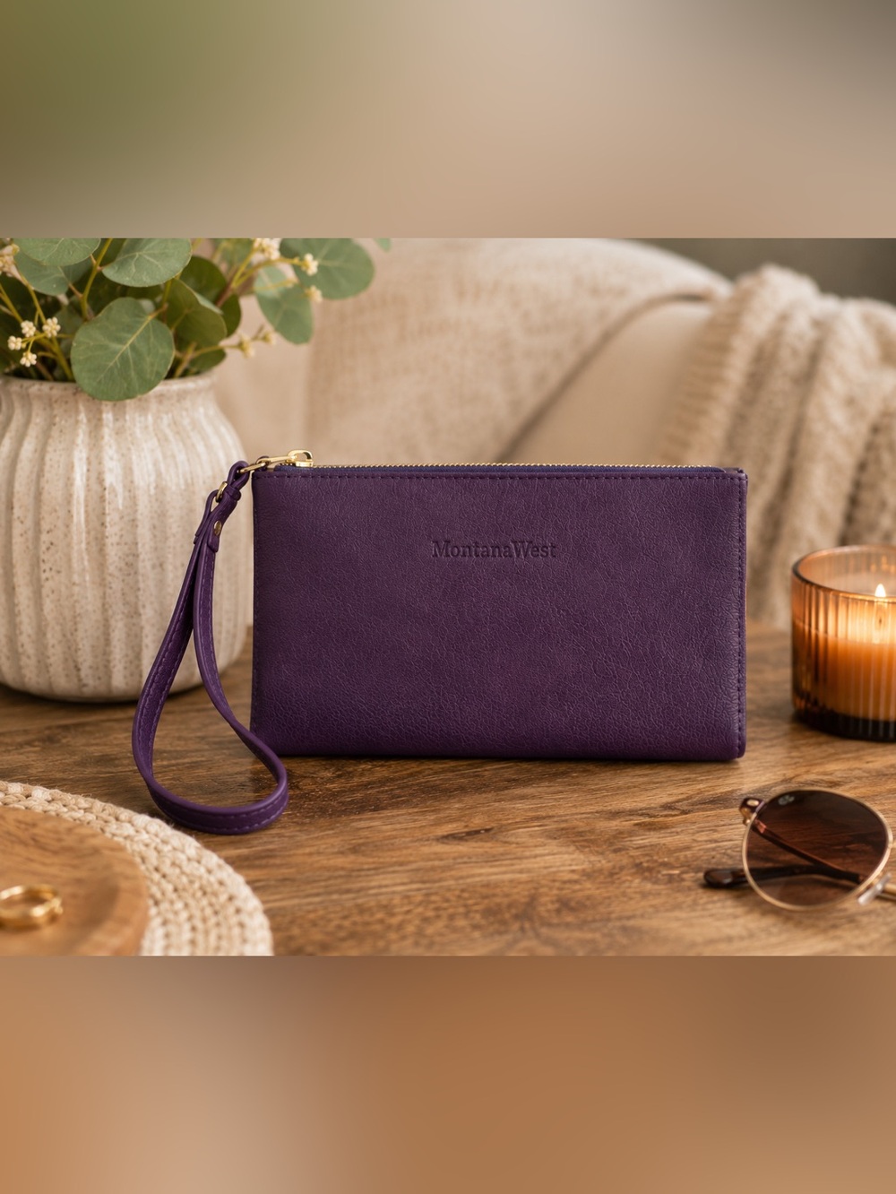 Montana West Purple Wristlet Wallet | Zip Clutch Pouch Gold Hardware 8”